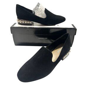 Nine West Women's Black Suede Slip-on Shoes Low Heel Size 7M Pearl Accent Heel